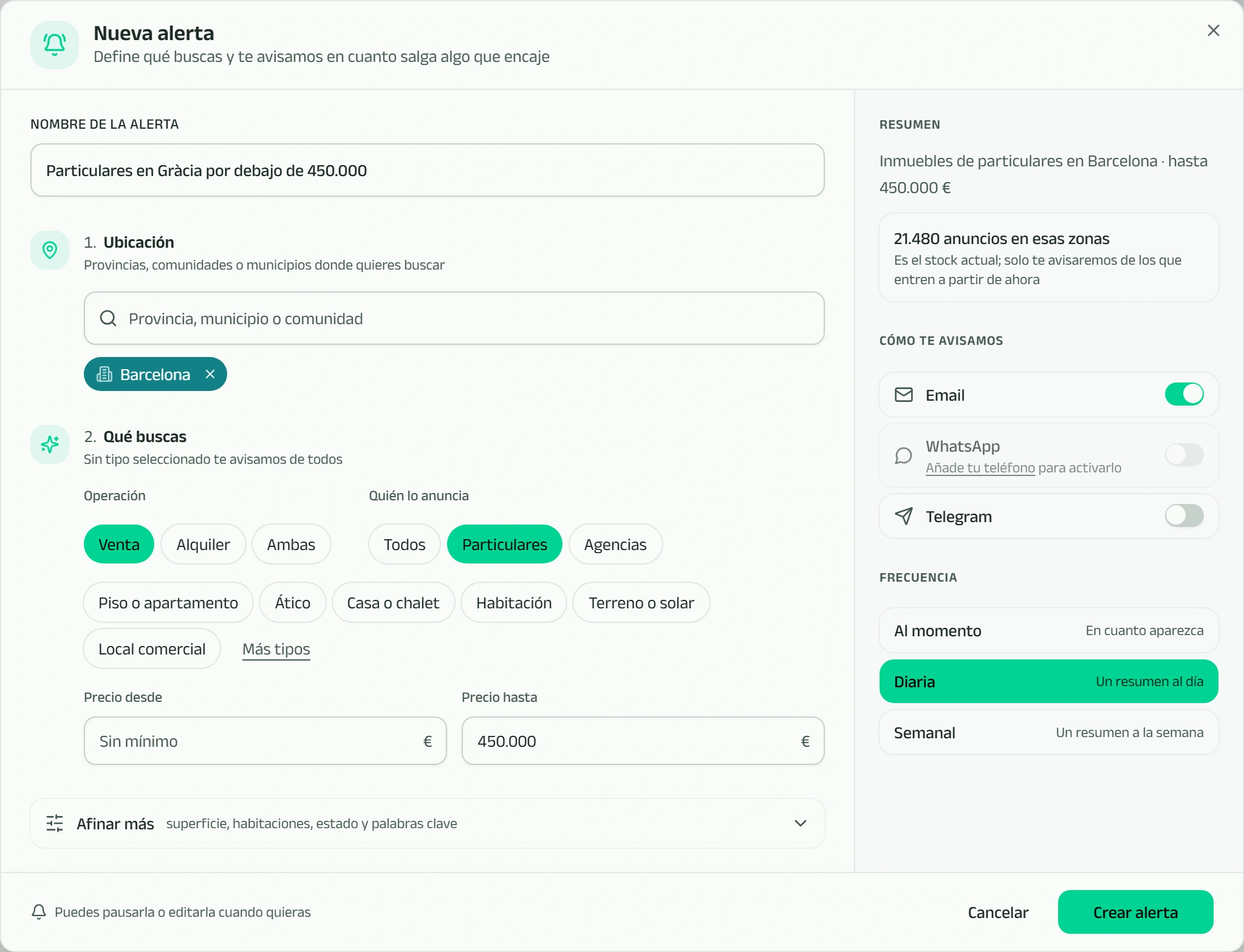 Formulario de alerta nueva de Kaptalo: ubicación, qué buscas, canales y frecuencia