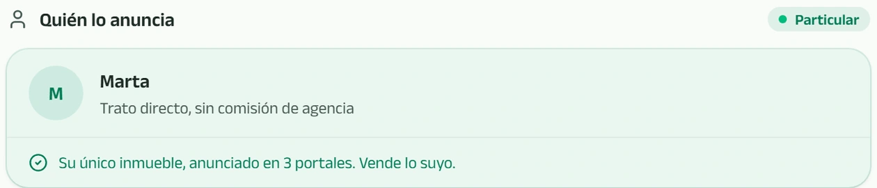 Bloque «quién lo anuncia» de la ficha: un particular que vende su único piso