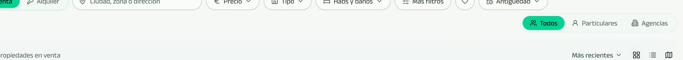 Barra de filtros del buscador con precio, tipo, habitaciones, antigüedad y anunciante