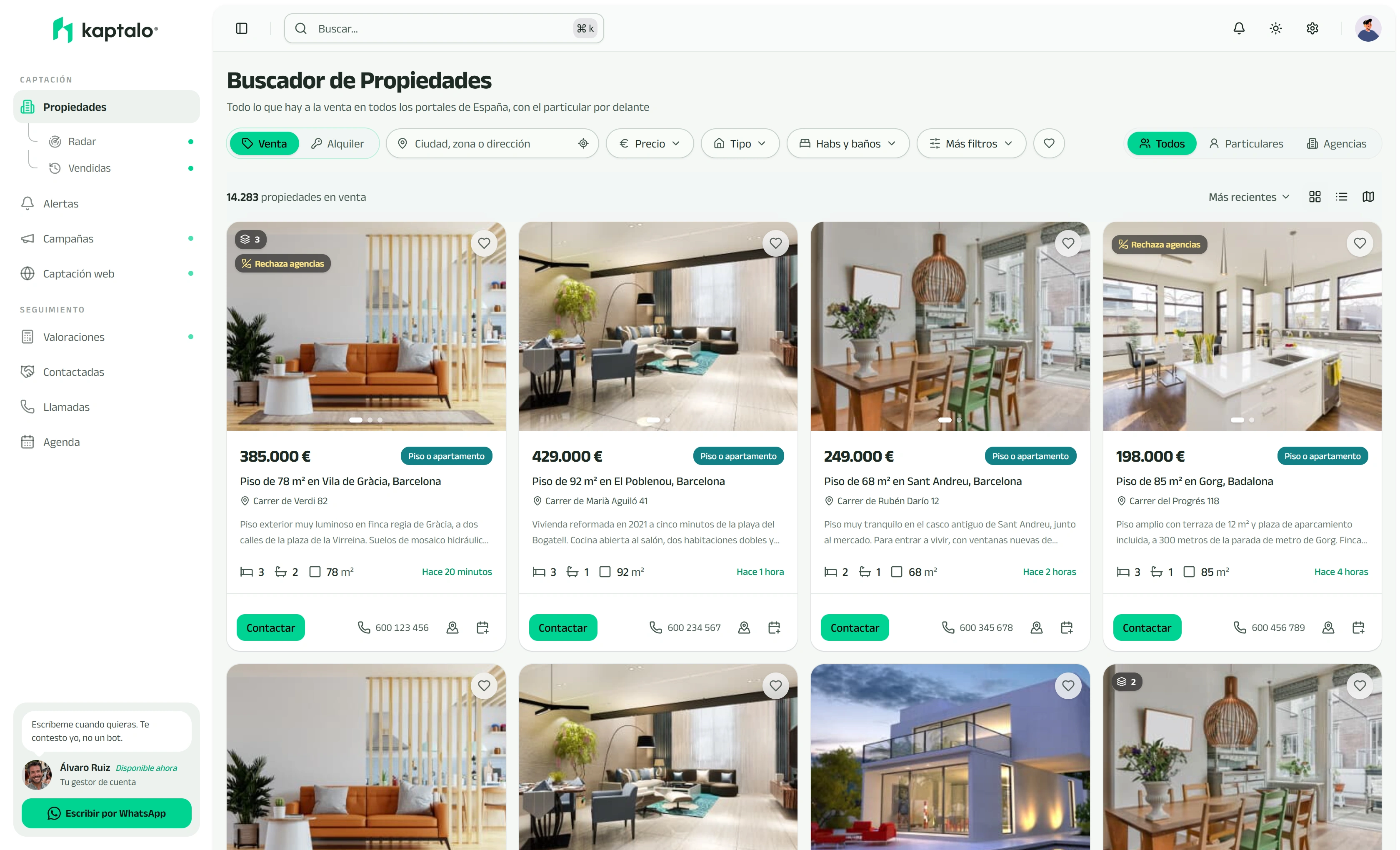 El buscador de Kaptalo con su menú lateral y los anuncios de particular del día