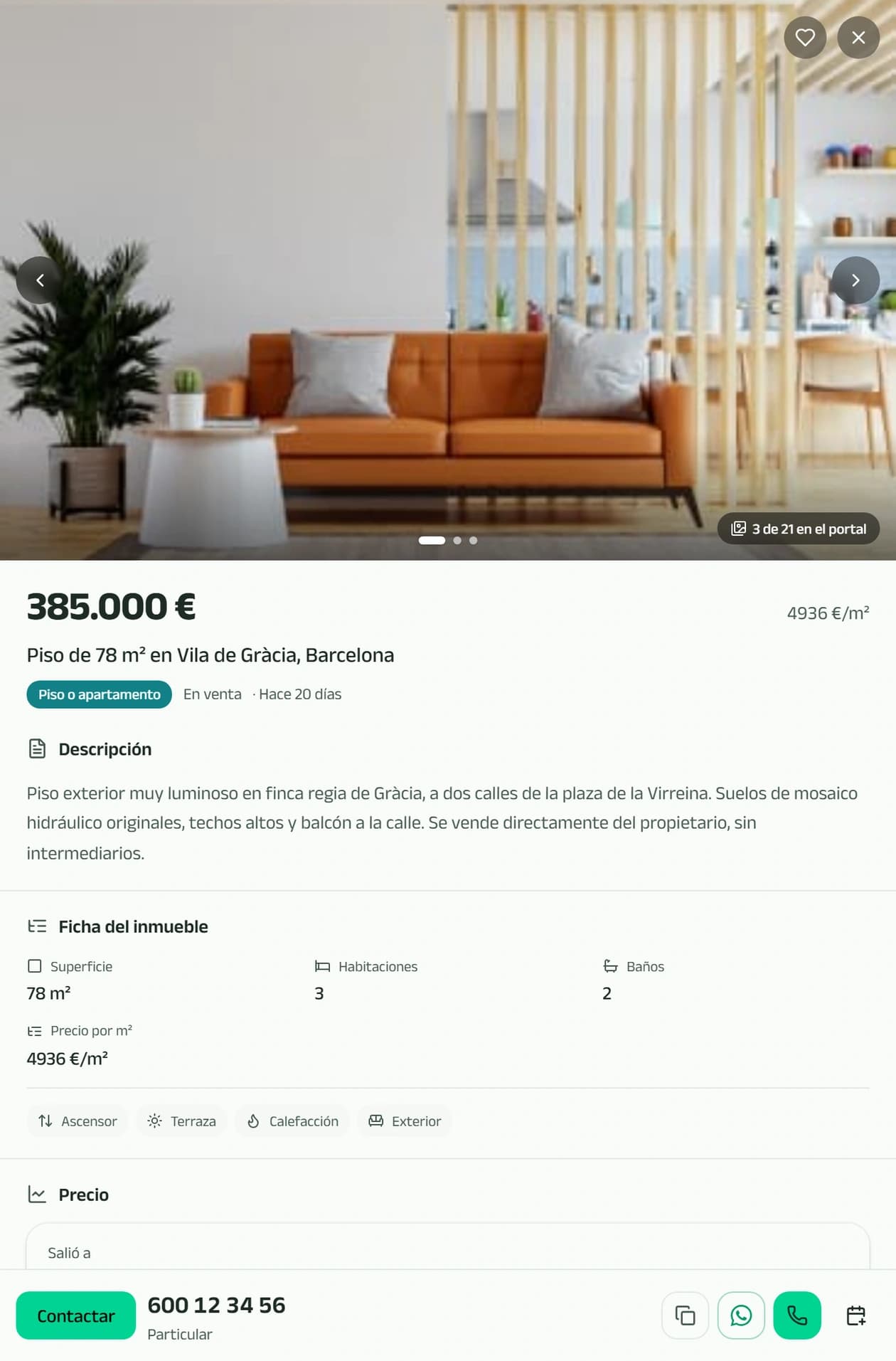 Ficha lateral de un piso en el buscador de Kaptalo: precio, precio por metro, descripción, características, histórico y teléfono del particular