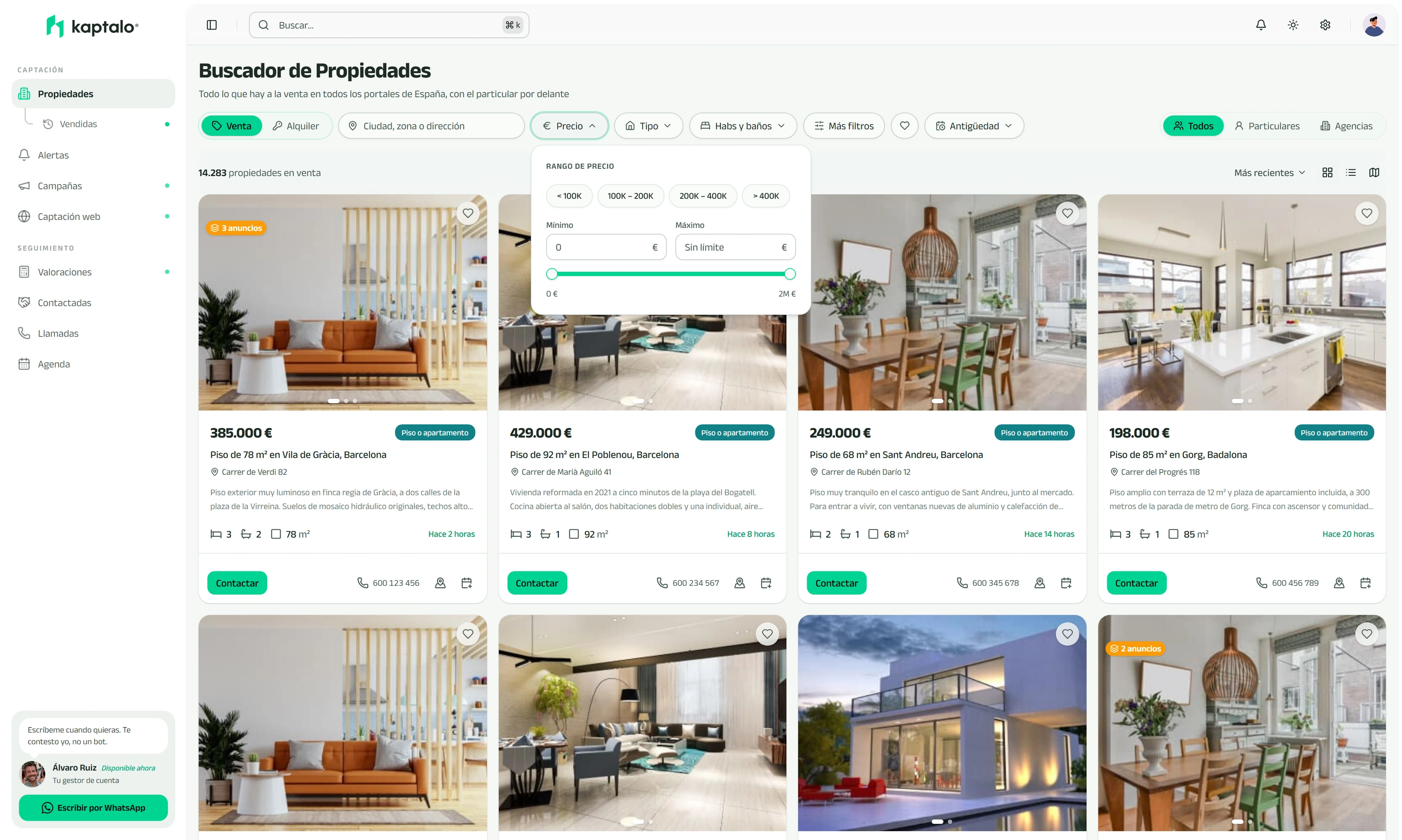 Buscador de Kaptalo con el desplegable de precio abierto sobre el listado de propiedades en venta
