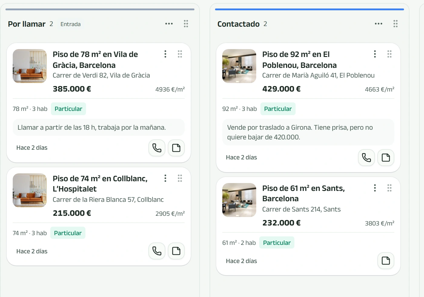 Dos columnas del tablero con las tarjetas de dos pisos de particular: precio, metros, nota y días desde el contacto