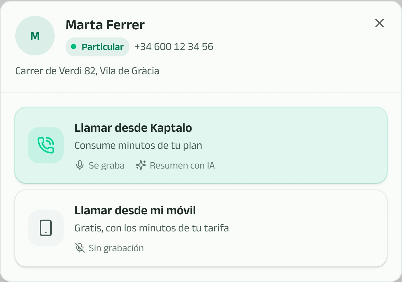 Diálogo de llamada en curso de Kaptalo, con el teléfono del propietario
