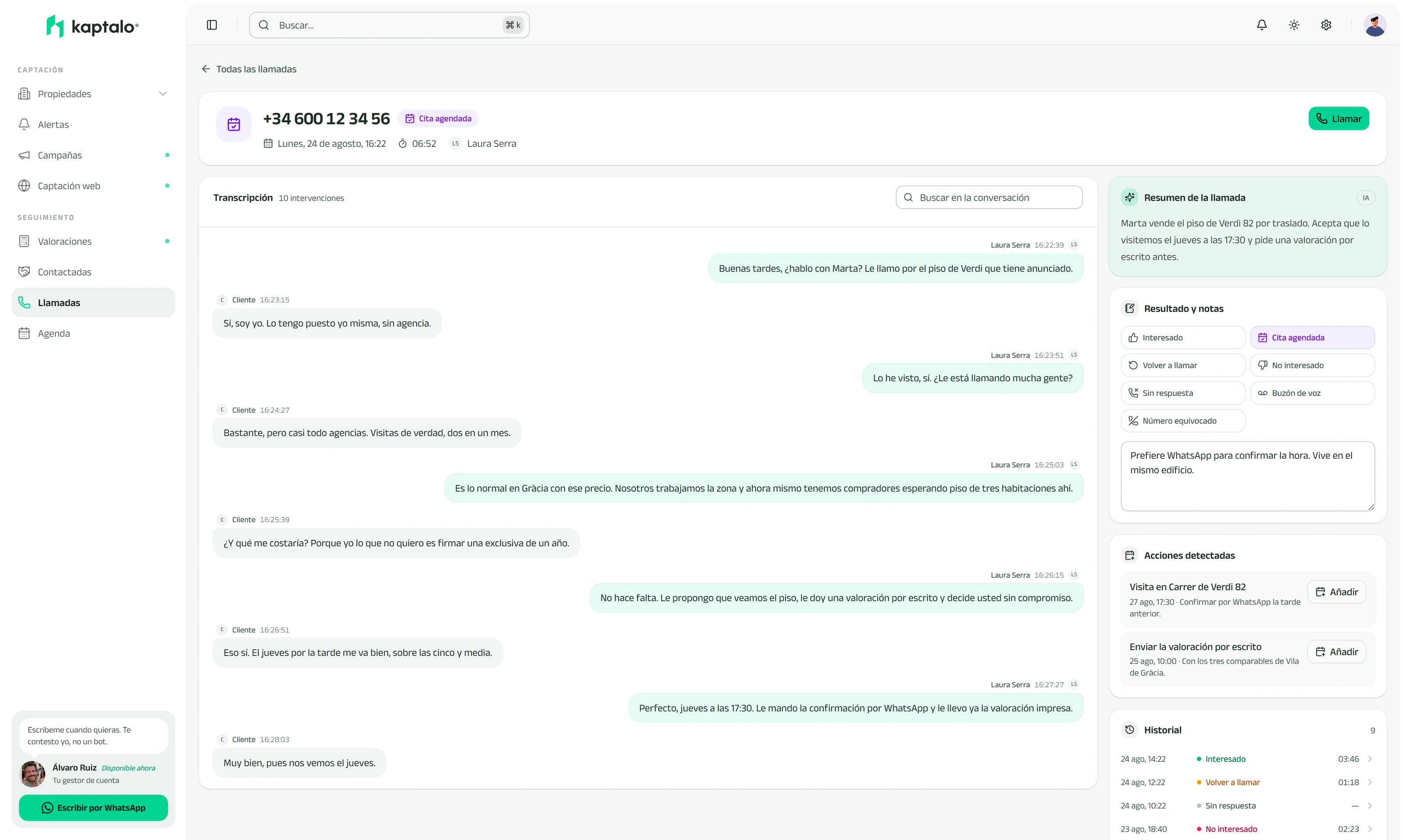 Detalle de una llamada con la transcripción, el resumen y el resultado anotado