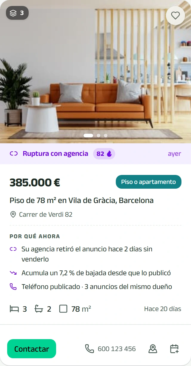 Tarjeta del Radar: piso en Vila de Gràcia con la franja «Ruptura con agencia · 82», el bloque «Por qué ahora» y el teléfono del propietario