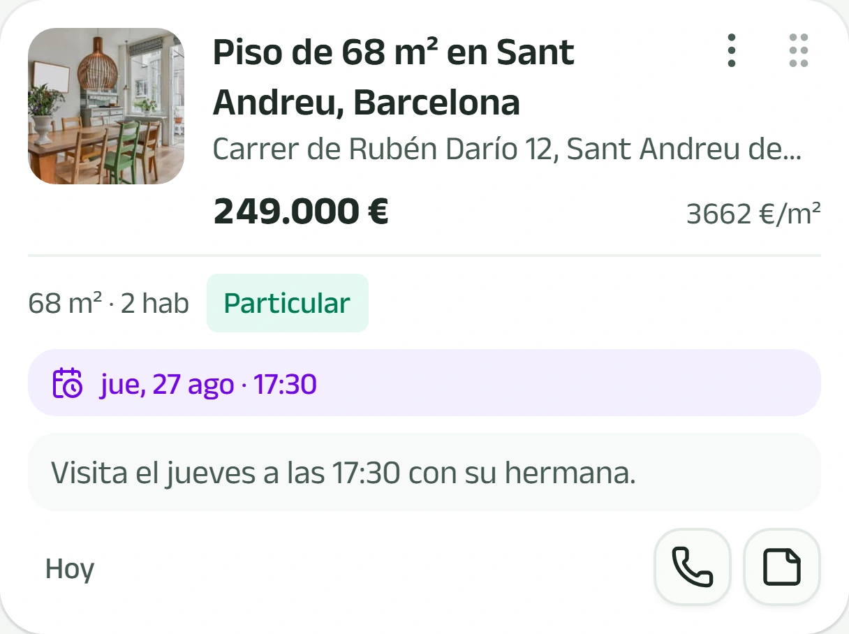 Tarjeta del tablero de captación: piso de 68 m² en Sant Andreu a 249.000 €, con la cita del jueves, la nota del agente y los botones de llamar y anotar