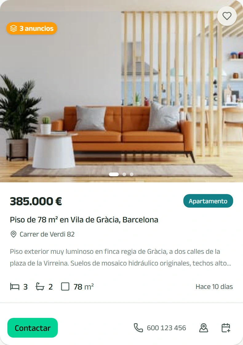 Tarjeta de un anuncio de particular en el listado, con su botón de teléfono