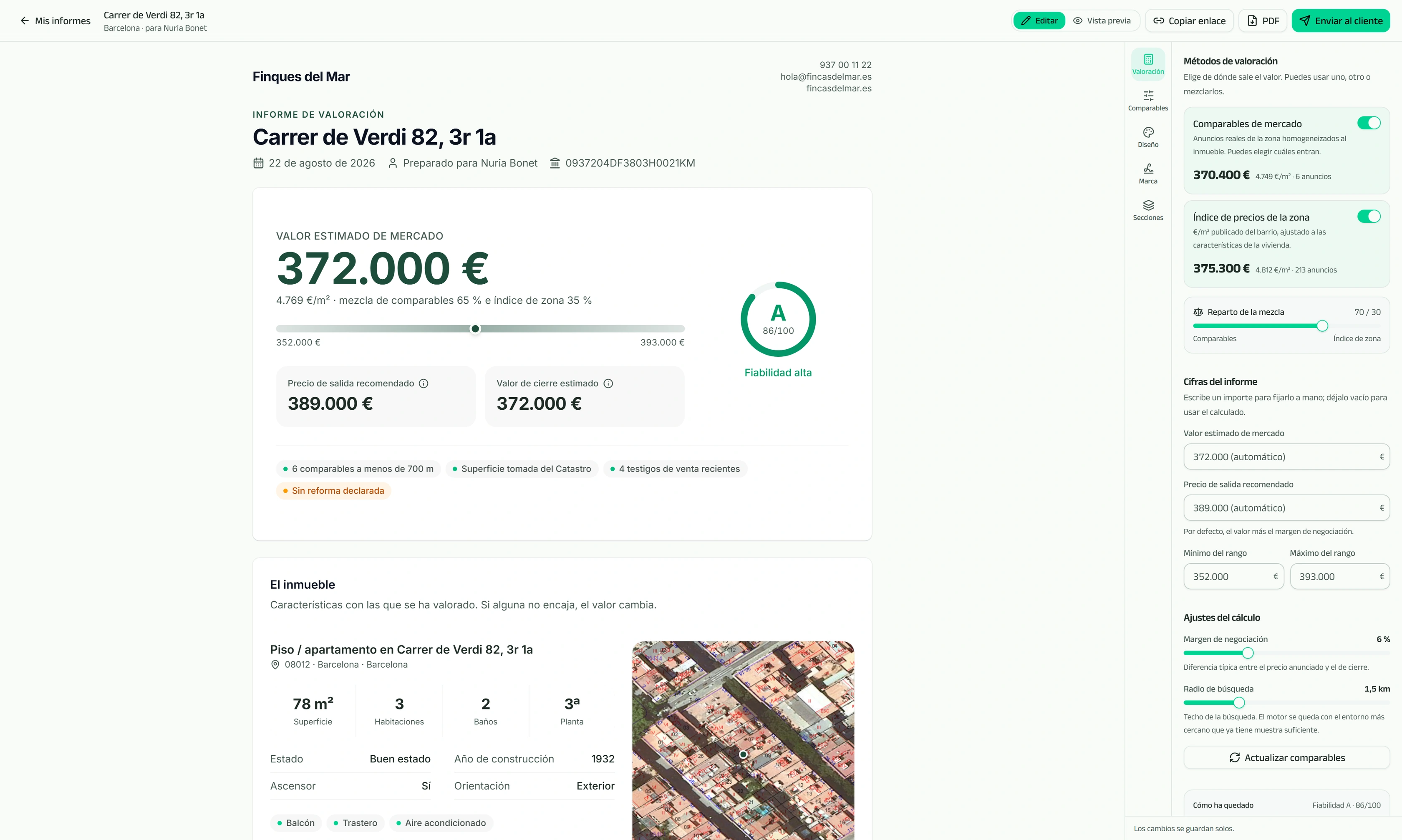 Informe de valoración de Kaptalo con el valor estimado, la horquilla, la nota de fiabilidad y el panel de métodos