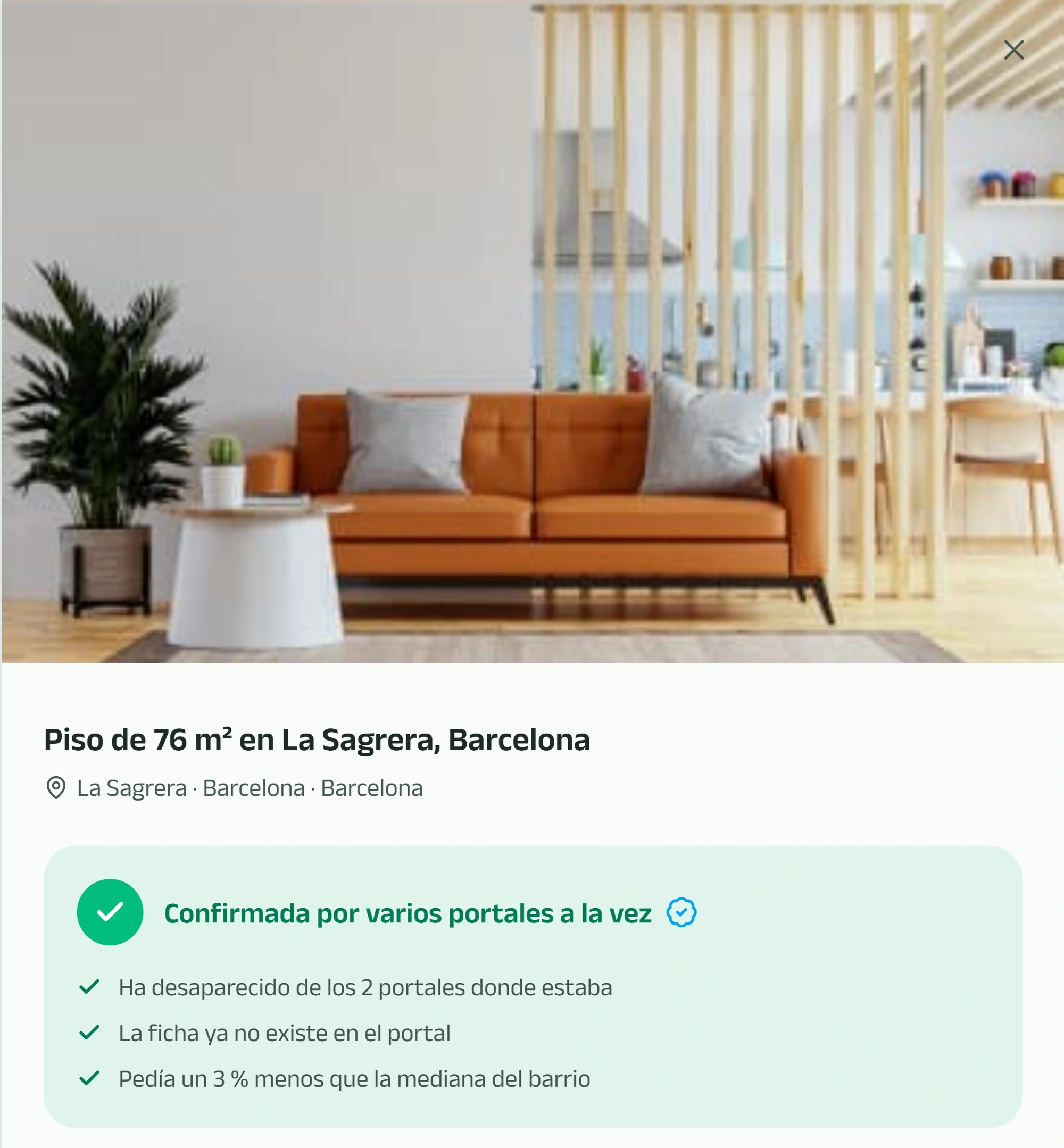 Ficha de un inmueble retirado: confirmada por varios portales a la vez, con el precio de salida y el precio final