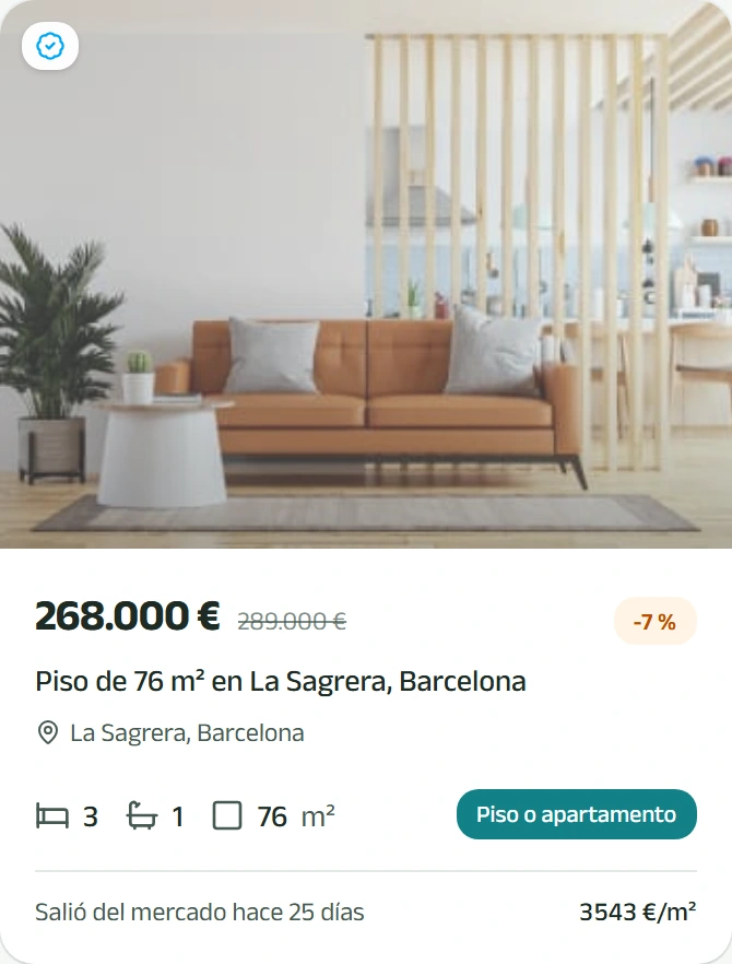 Tarjeta de Vendidas: piso en La Sagrera sellado como venta probable, con el precio de salida, el último publicado y las señales que lo sostienen