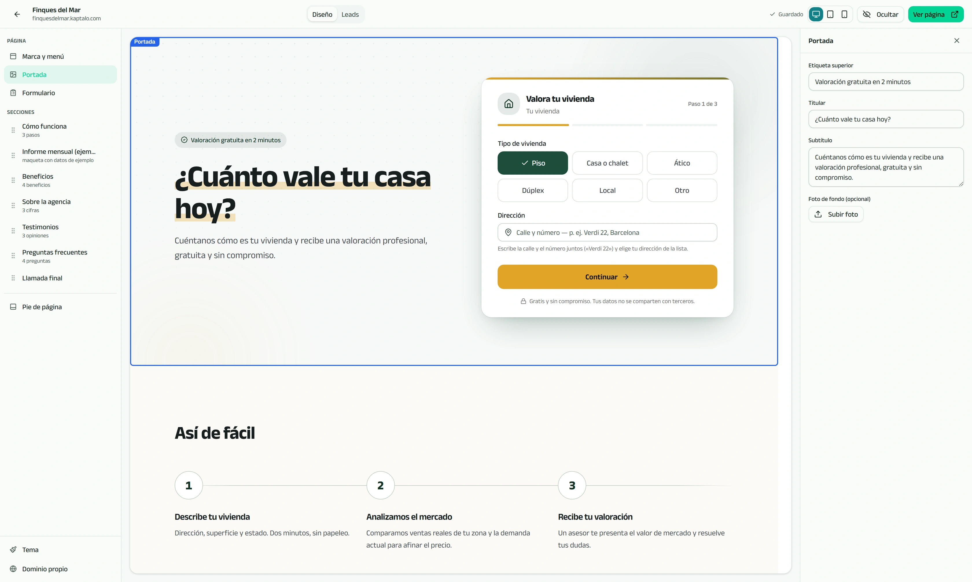 Estudio de captación web de Kaptalo: los bloques a la izquierda, la landing en el centro y el inspector del bloque a la derecha