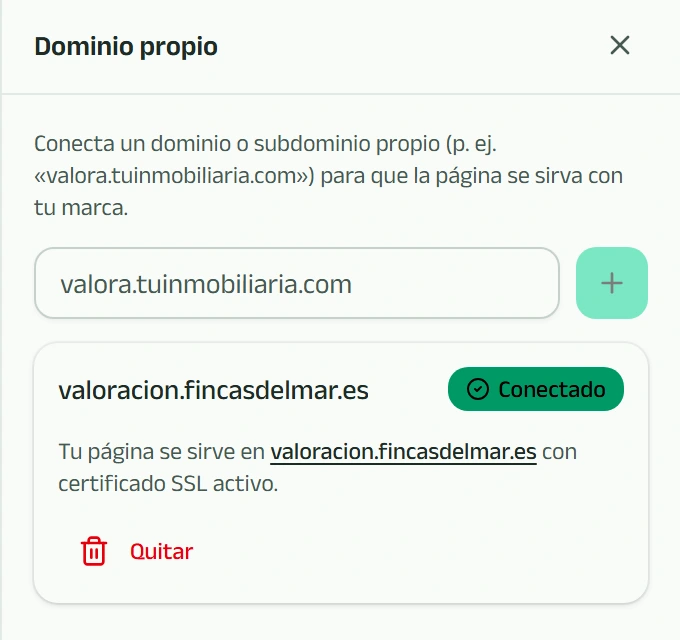 Panel «Dominio propio» del estudio de Kaptalo: el dominio de la agencia conectado, con certificado activo