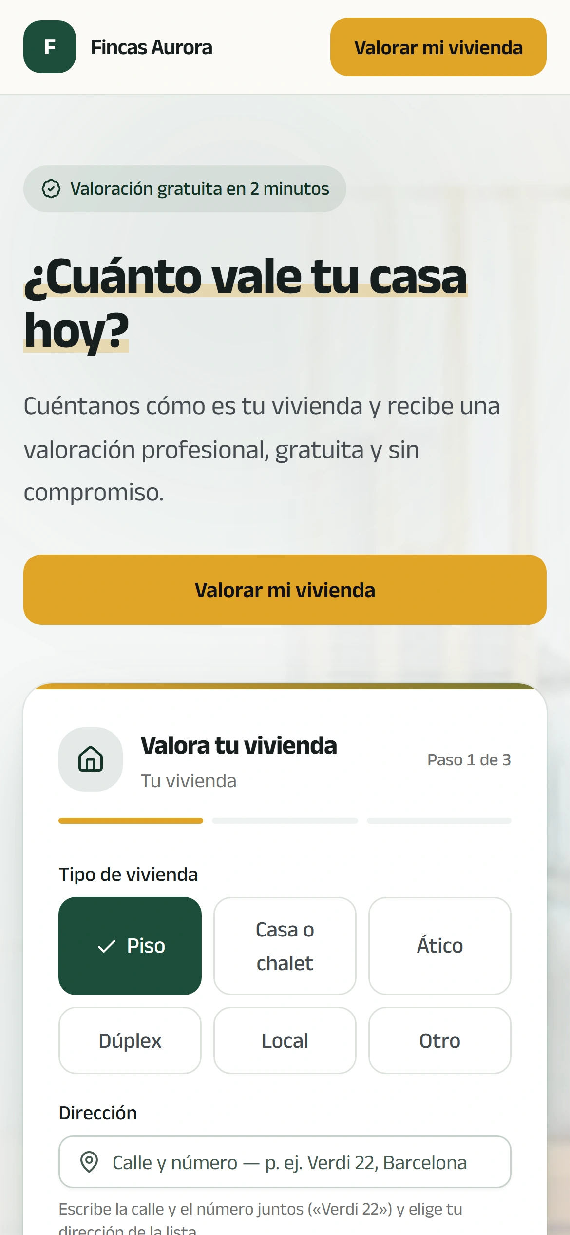 La misma página de valoración vista en un móvil: el titular, el botón y el primer paso del formulario