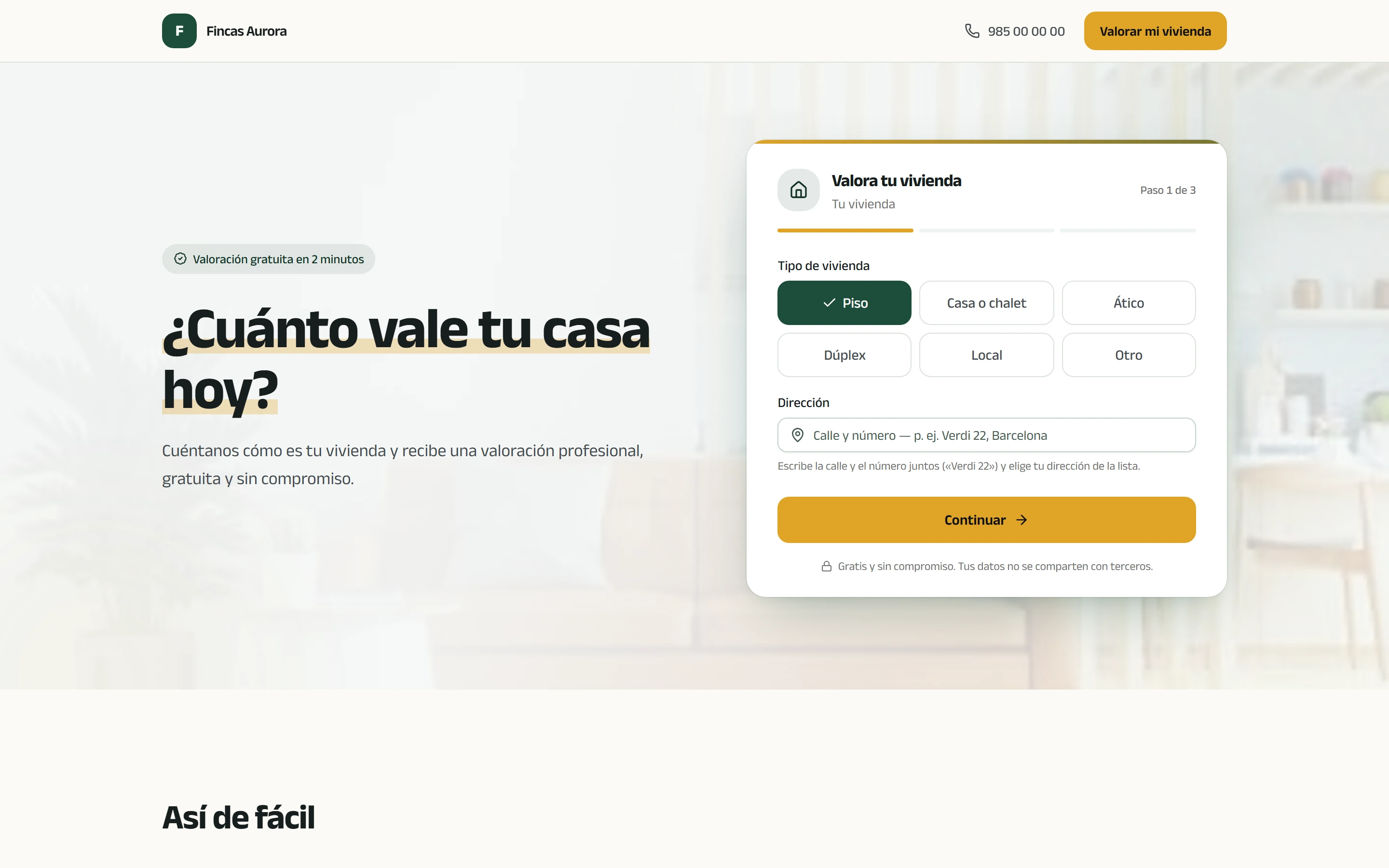 Página de valoración publicada con una plantilla de Kaptalo: la marca de la agencia, el titular y el formulario de tres pasos con la dirección y la letra pequeña