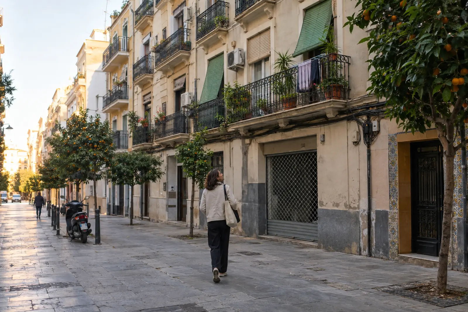 Una agente inmobiliaria camina de espaldas por una calle residencial de Ruzafa, en Valencia, a primera hora de la mañana, mirando los balcones de los edificios.