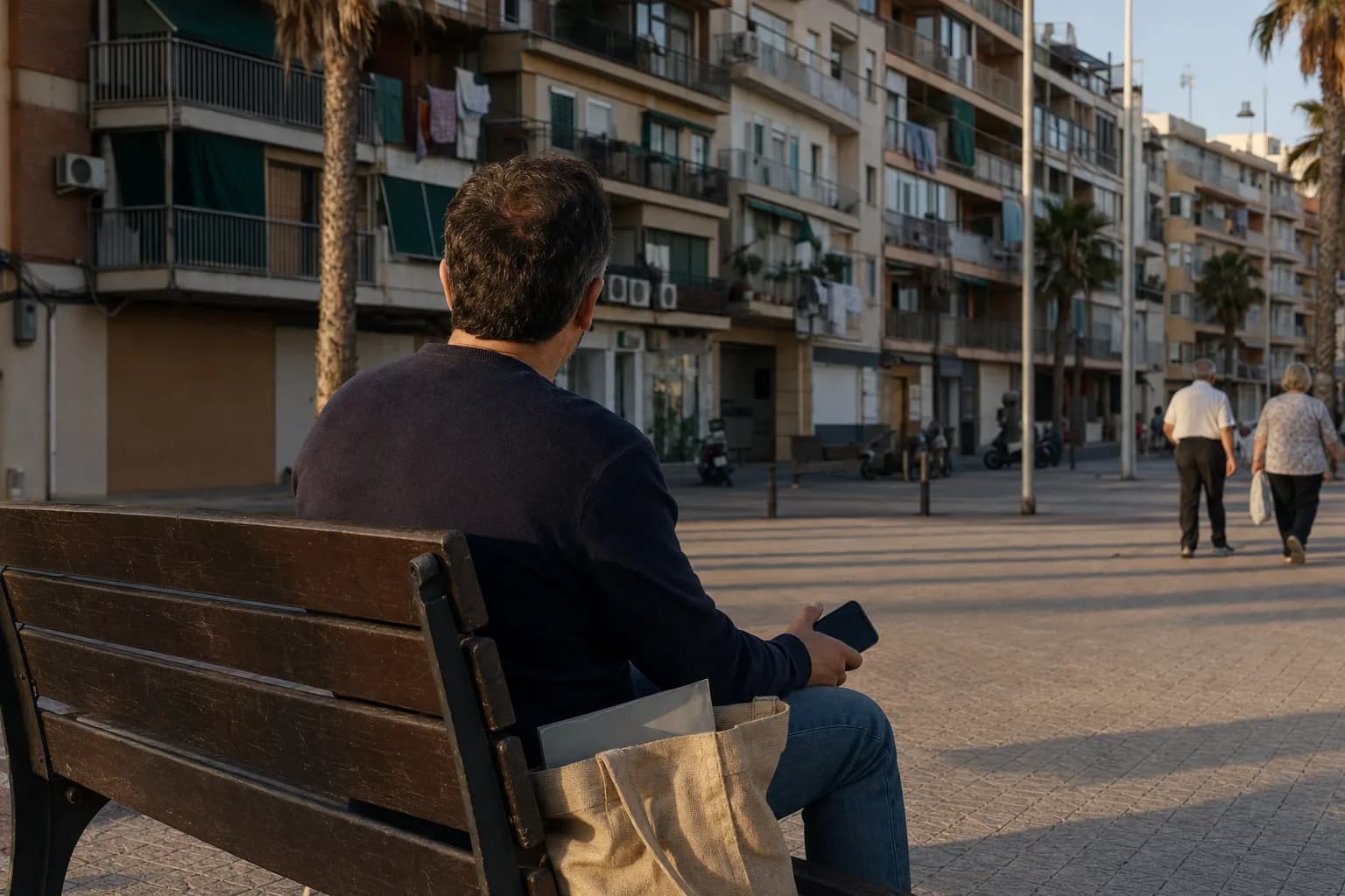 Un agente inmobiliario sentado de espaldas en un banco del paseo marítimo de El Palo, en Málaga, con el móvil apagado en la mano, mira una fila de edificios de viviendas al atardecer.