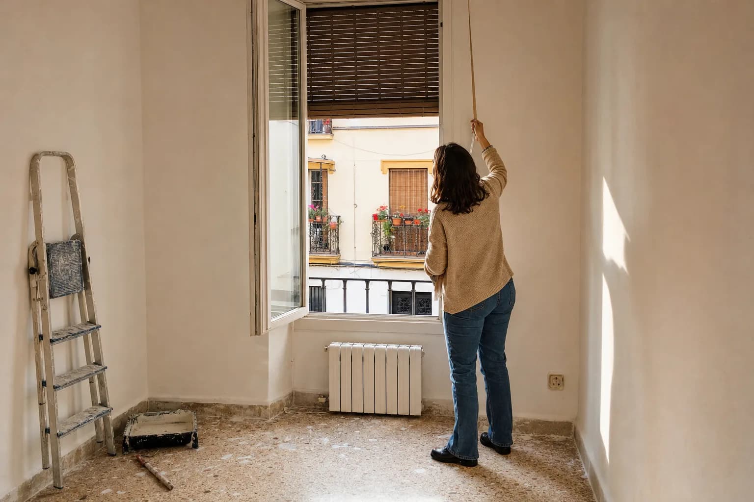 Una agente inmobiliaria, de espaldas, sube la persiana de un piso vacío y recién pintado en Triana, Sevilla, con la luz de la tarde entrando en la habitación.
