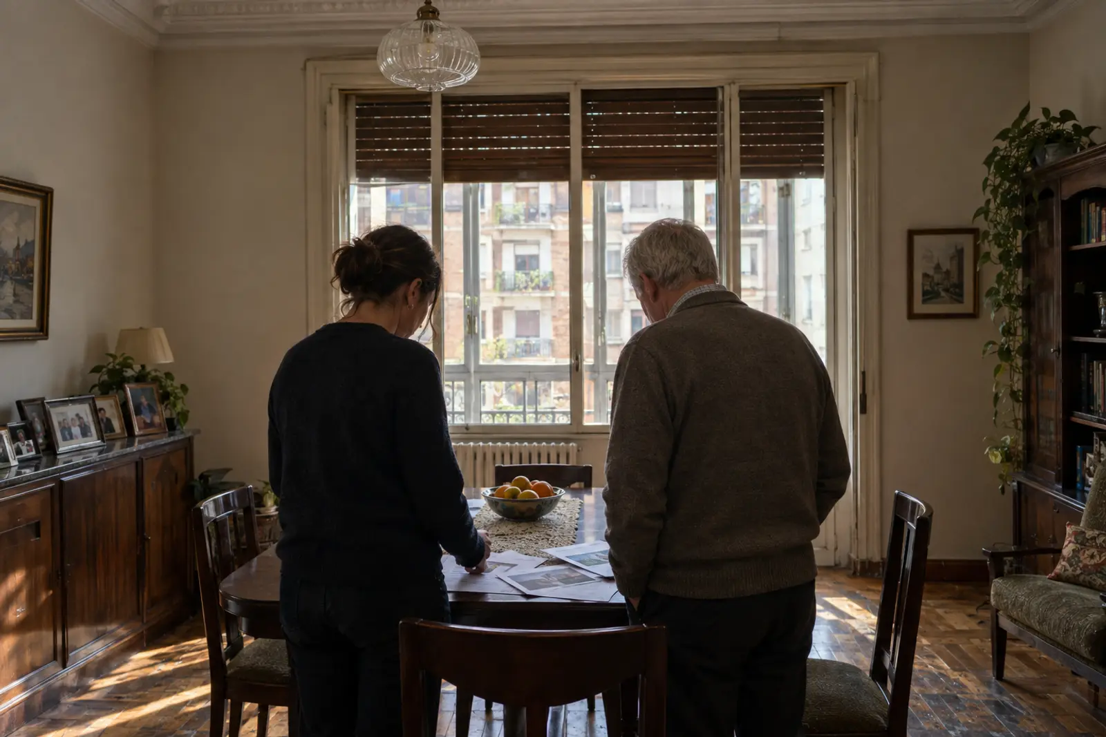 Visita de valoración en el salón de un piso de Bilbao a última hora de la tarde: una agente y el propietario, de espaldas, miran juntos unas hojas sobre la mesa del comedor.