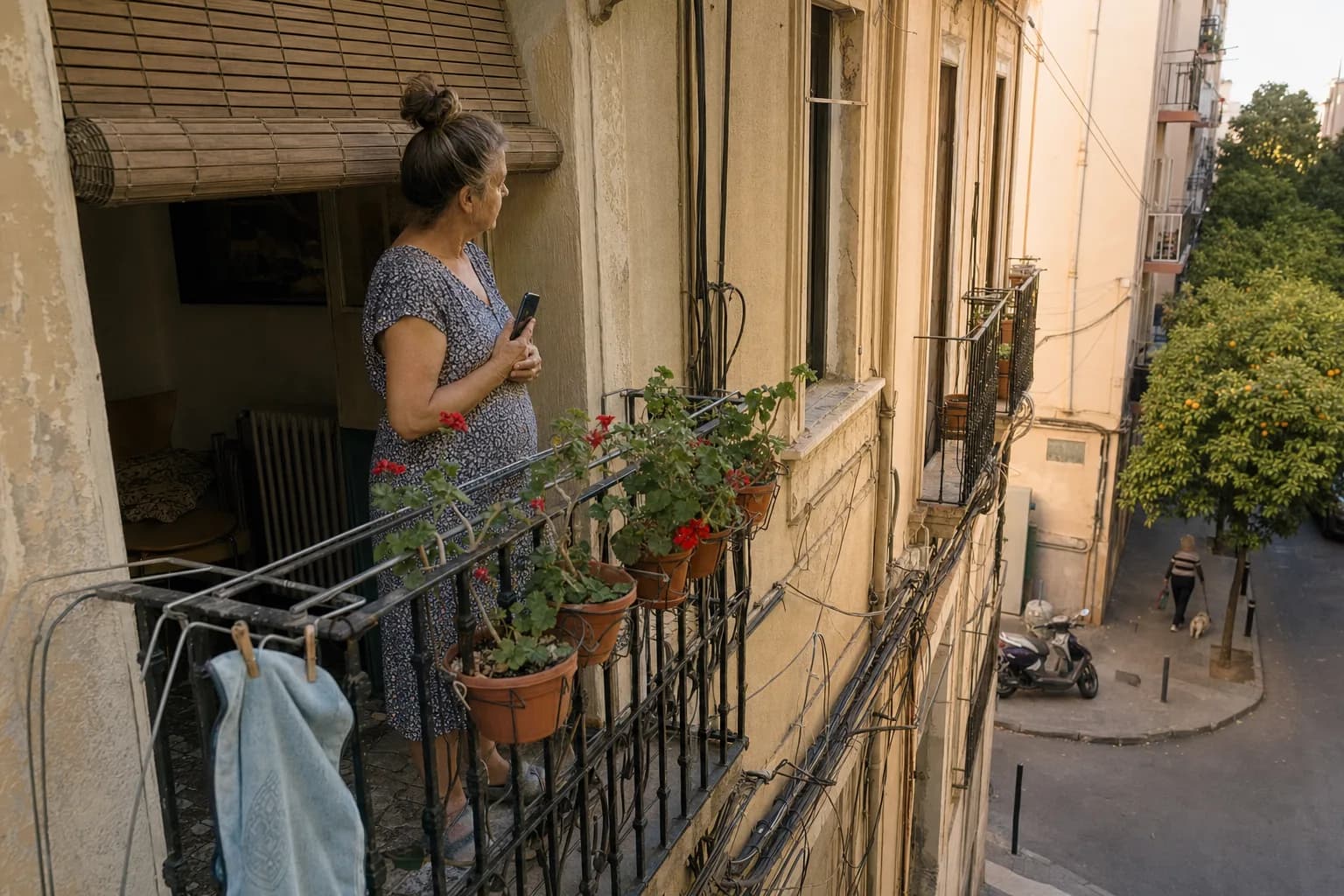 Una mujer de unos sesenta años, de perfil en el balcón de hierro de un edificio antiguo de Benalúa, en Alicante, con el móvil contra el pecho y la mirada en la calle, a última hora de la tarde.