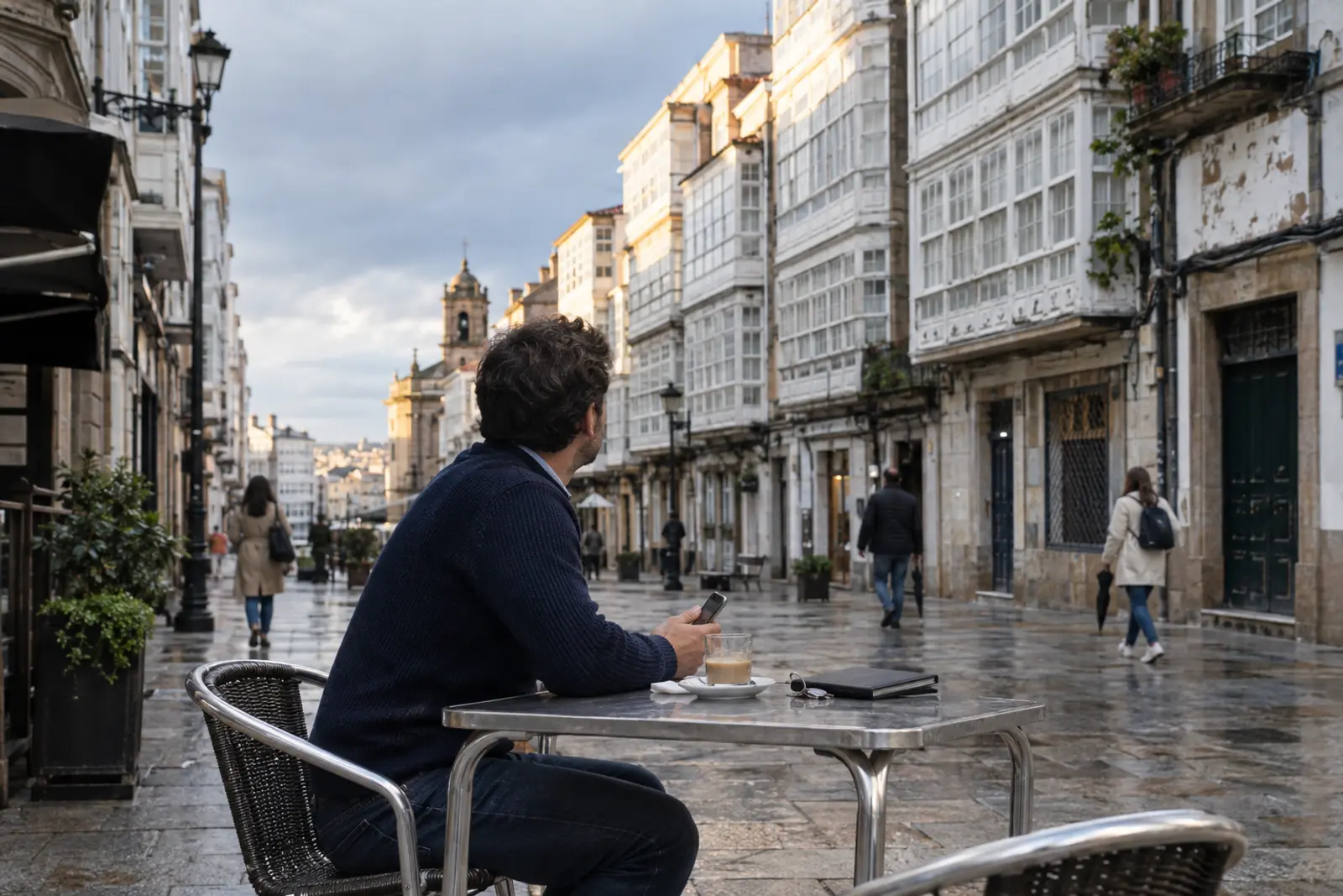Un agente inmobiliario sentado en la terraza de un bar de A Coruña a media tarde, de perfil, con el móvil en la mano y la mirada en la calle.