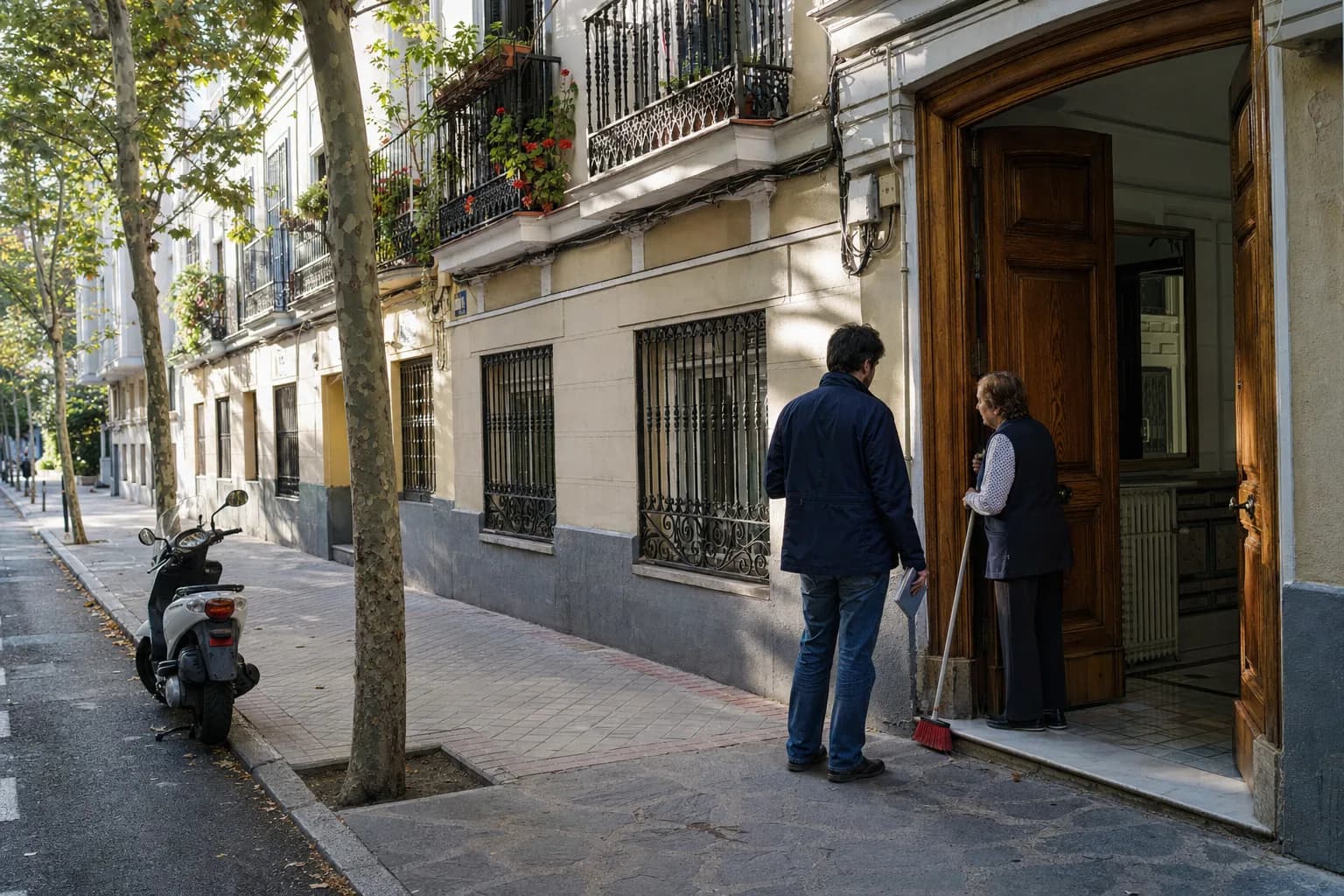 Un agente inmobiliario, de espaldas y con una libreta en la mano, habla con la portera de un edificio antiguo de Chamberí, en Madrid, en el portal abierto a primera hora de la mañana.
