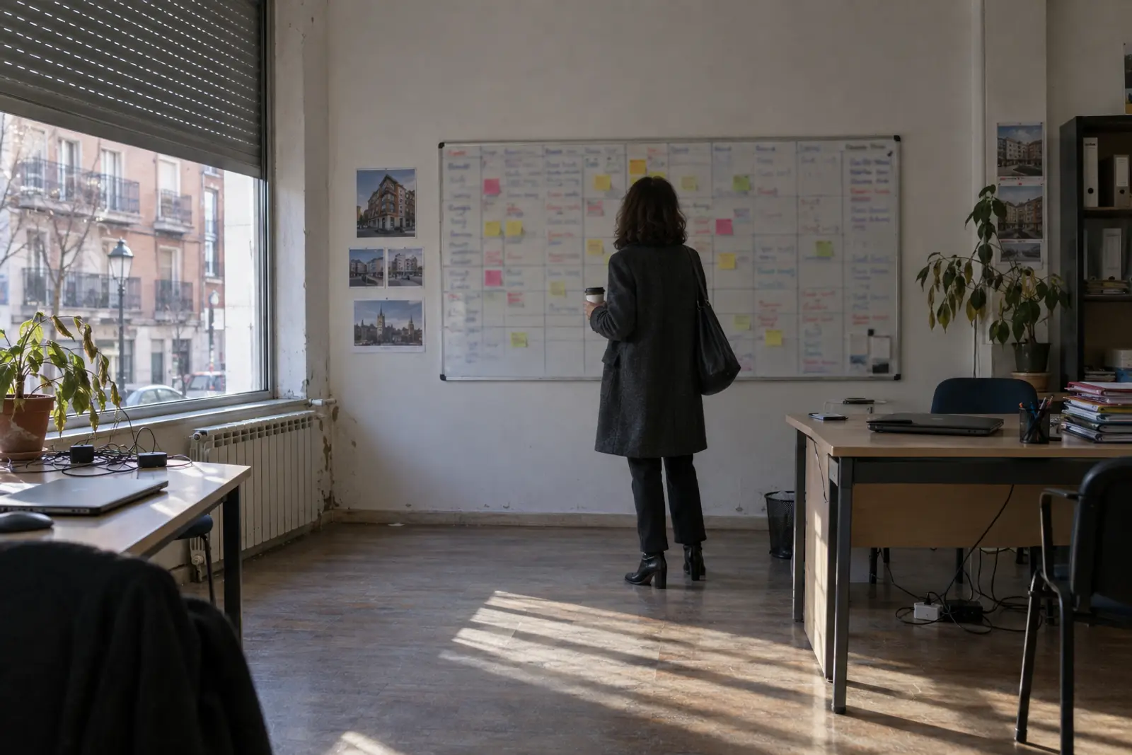 Agente inmobiliaria de espaldas frente a un planificador de pared en una oficina pequeña de Valladolid a primera hora, con la luz entrando por la persiana a medio subir.