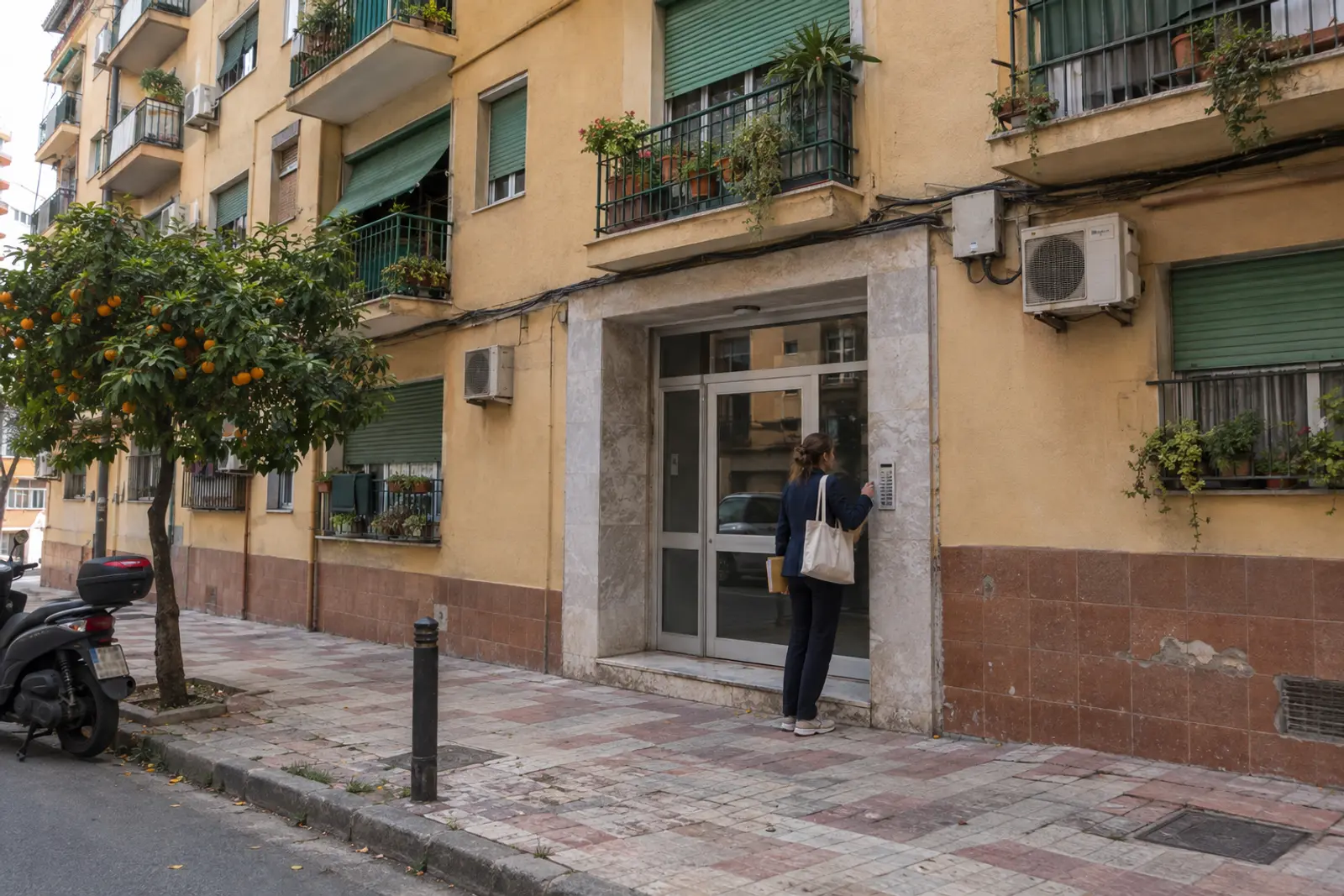 Agente inmobiliaria de espaldas ante el portal de cristal y aluminio de un bloque de viviendas de los años sesenta en el barrio de Carranque, en Málaga, a media mañana.