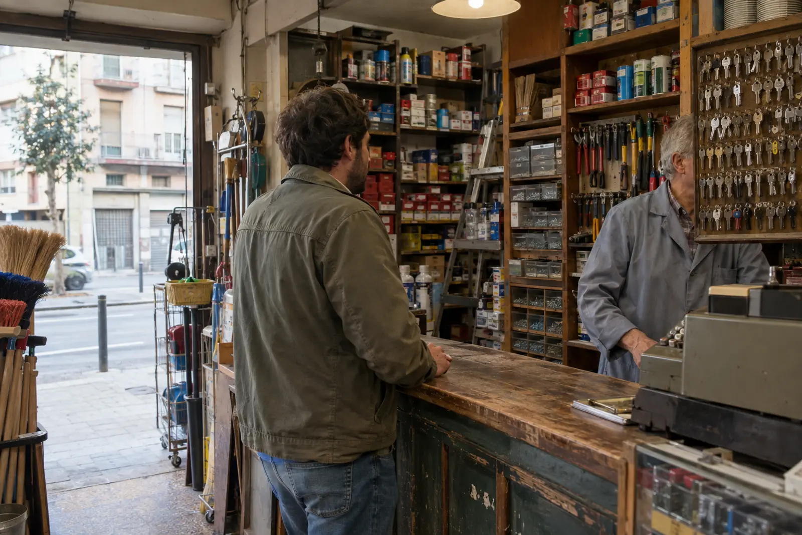 Un agente inmobiliario conversa de pie con el dueño de una ferretería de barrio en Zaragoza, junto al mostrador, a media mañana; se le ve de espaldas y de tres cuartos.