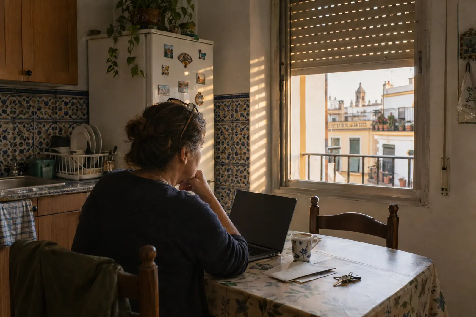 Una propietaria en la mesa de la cocina de un piso de Sevilla, de perfil, mira un portátil al atardecer con unas gafas y una taza al lado.