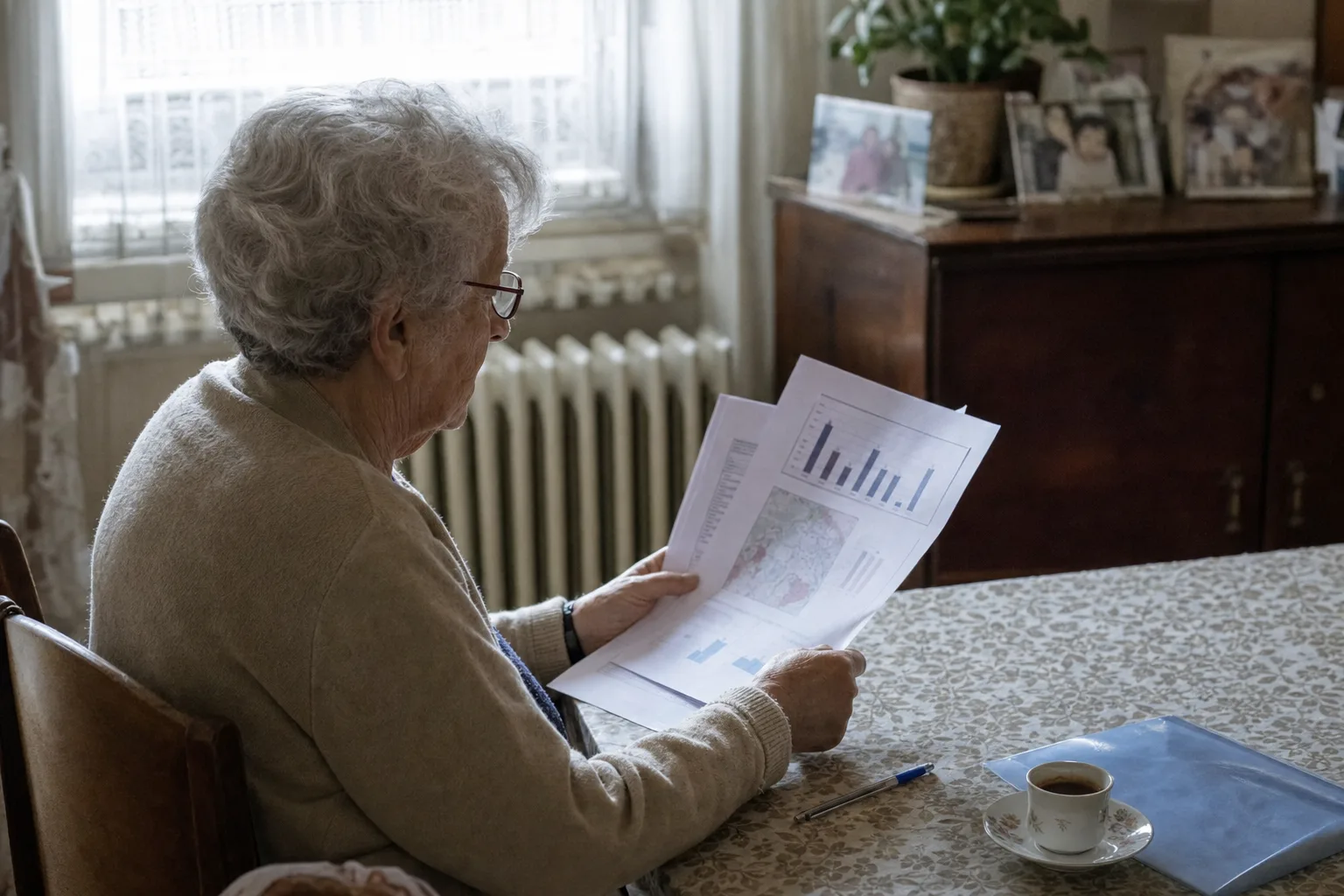Una mujer mayor sentada de perfil en el comedor de su piso de Gijón, con gafas y una chaqueta de punto, lee unas hojas impresas con gráficos junto a una taza de café, delante de un radiador antiguo y un aparador con fotos familiares.