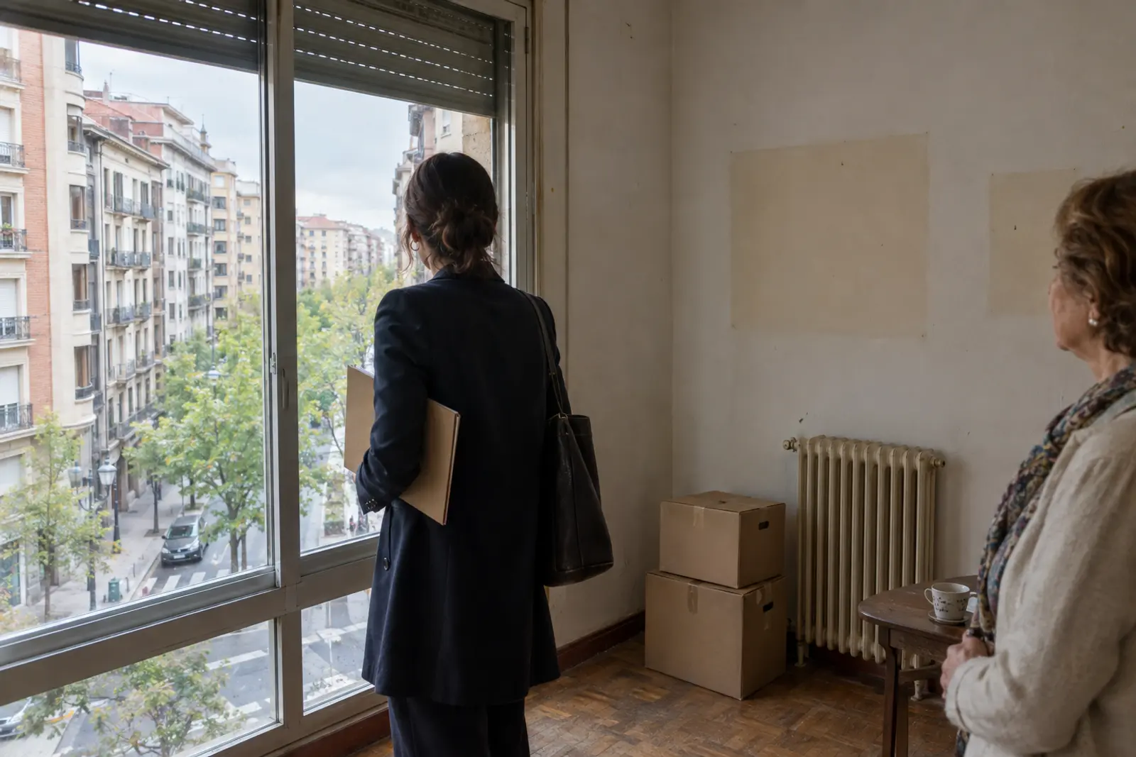 Una agente inmobiliaria de espaldas en el salón de un piso de Pamplona, mirando por la ventana hacia la calle con una carpeta bajo el brazo, mientras el propietario, de perfil y parcialmente fuera de cuadro, espera junto a la mesa.