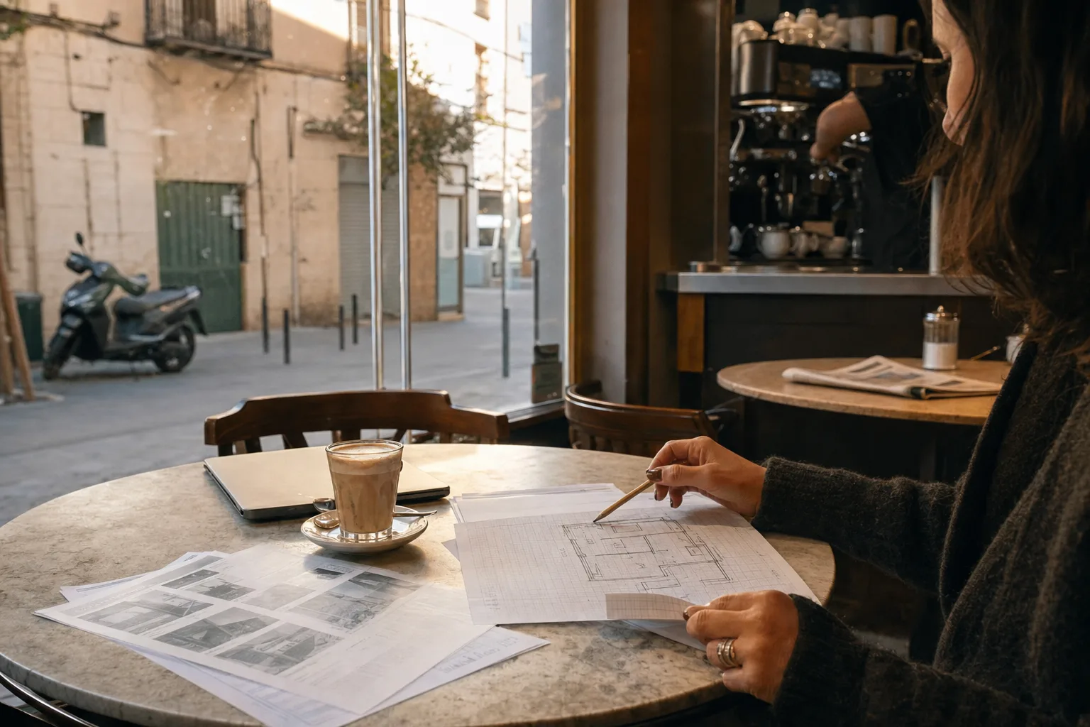 Una agente inmobiliaria, de perfil y medio fuera de cuadro, trabaja a primera hora en la mesa de mármol de una cafetería del centro de Murcia, con un cortado, hojas con fotos de pisos y un plano dibujado a lápiz sobre papel cuadriculado.