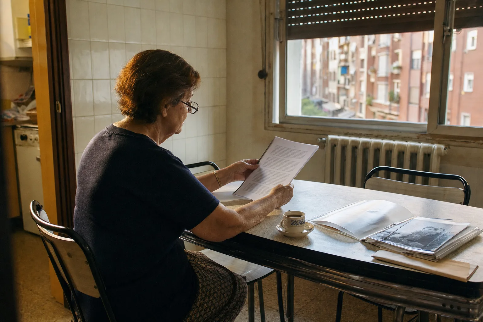 Una mujer de unos sesenta años, de espaldas y de perfil, lee con gafas unas hojas grapadas en la mesa de la cocina de un piso de Deusto, en Bilbao, a última hora de la tarde, junto a una taza y una carpeta con papeles antiguos.