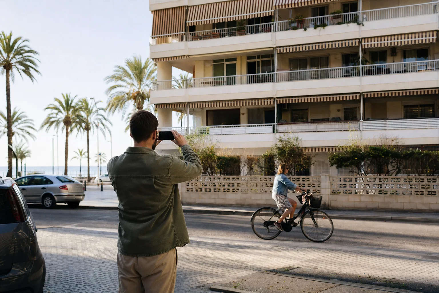 Un agente, de espaldas en la acera, graba con el móvil un bloque de apartamentos con toldos cerca de la playa de San Juan, en Alicante, a primera hora de la mañana.