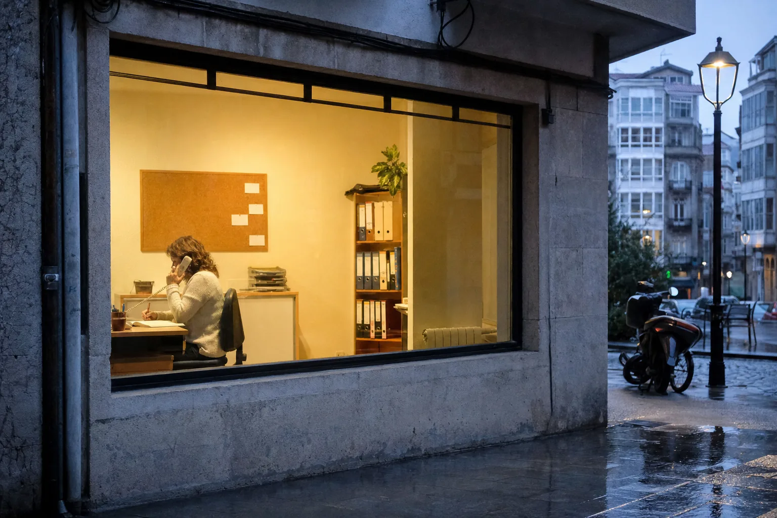 Por el escaparate de una pequeña oficina inmobiliaria de Monte Alto, en A Coruña, al anochecer, se ve a una agente hablando por un teléfono fijo mientras toma notas.