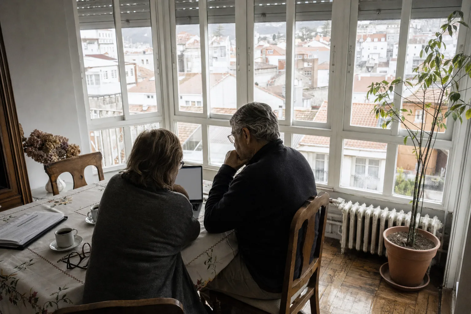 Una pareja de unos setenta años, de espaldas, mira un portátil en el comedor de un piso de Monte Alto, en A Coruña, junto a una galería acristalada.