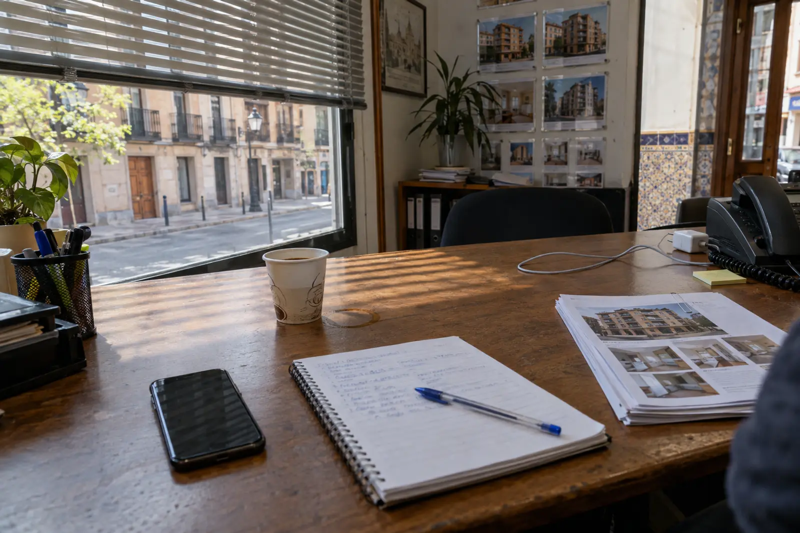 Escritorio de una oficina inmobiliaria con un móvil boca arriba con la pantalla apagada junto a una libreta abierta con notas a mano y un bolígrafo.