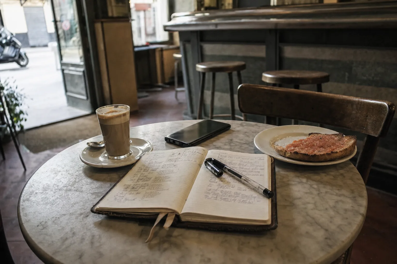Una agenda abierta con anotaciones a mano, un bolígrafo, un café con leche y una tostada con tomate en la mesa de mármol de un bar de Lavapiés, en Madrid, por la mañana.