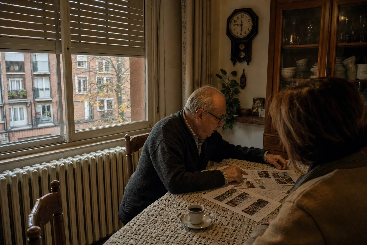 Un propietario de unos setenta años, de perfil, revisa en la mesa del comedor unas hojas con fotos de otros pisos, en un piso de Delicias, en Valladolid; el agente, de espaldas, queda fuera de foco.