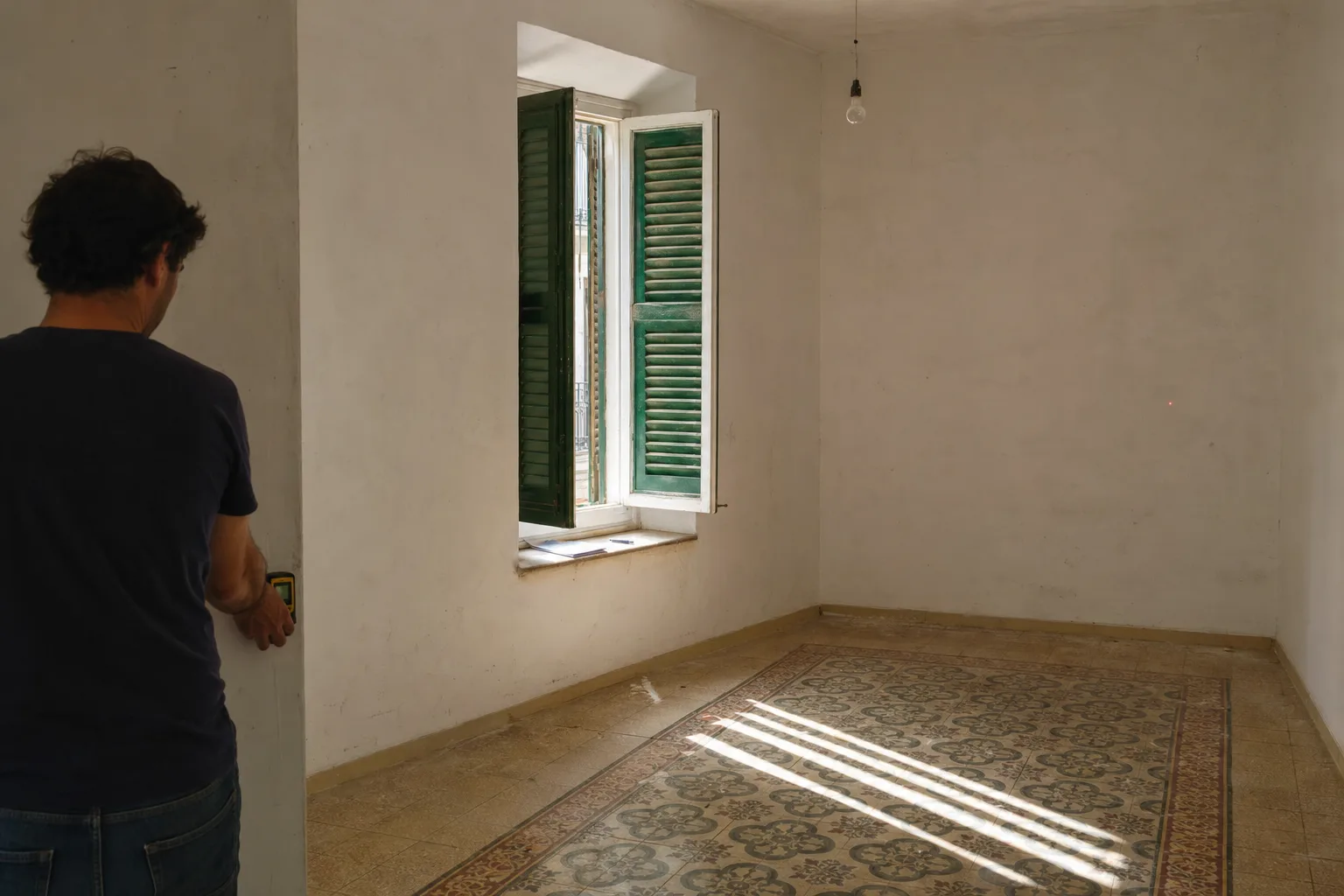 Un agente inmobiliario, de espaldas, mide con un metro láser un dormitorio vacío de un piso antiguo de Santa Catalina, en Palma, con las contraventanas verdes entreabiertas y el sol sobre un suelo hidráulico.