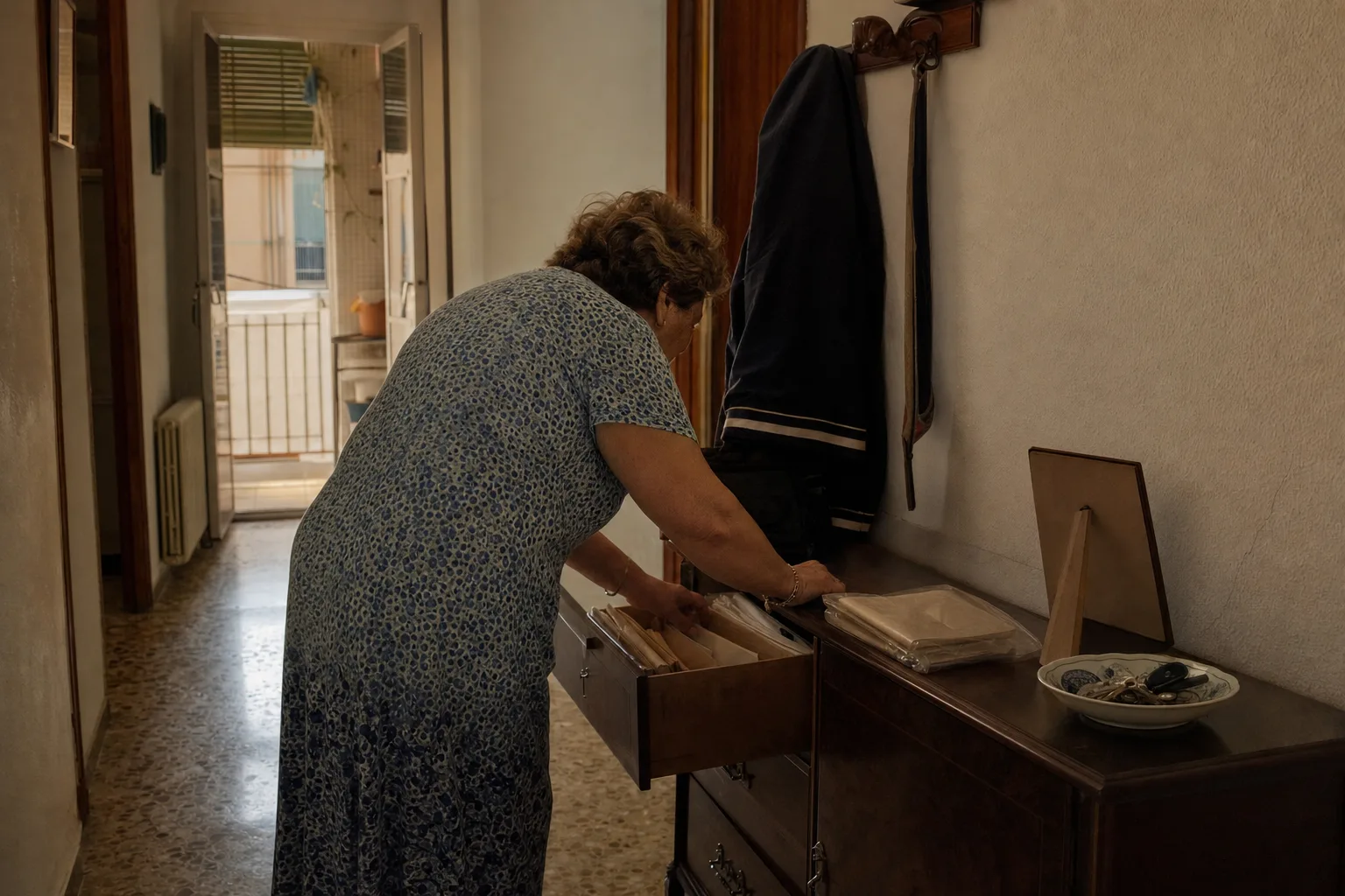 Una mujer mayor, de espaldas, busca papeles en el cajón de un aparador en el pasillo de un piso del Zaidín, en Granada, entre carpetas y sobres atados con gomas.